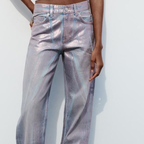 NWT PINK MID WAIST FULL LENGTH TRF FOIL JEANS - Picture 8 of 15